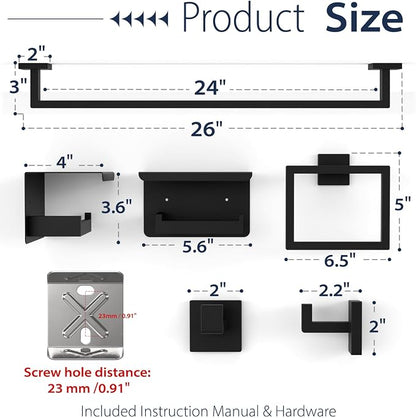 5-Piece Matte Black Bathroom Towel Bar Set,24" Bathroom Hardware Kit | Total 26 Inch Towel Racks for Bathroom Wall Mounted,SUS304 Stainless Steel Towel Bar for Bathroom, Kitchen, Laundry