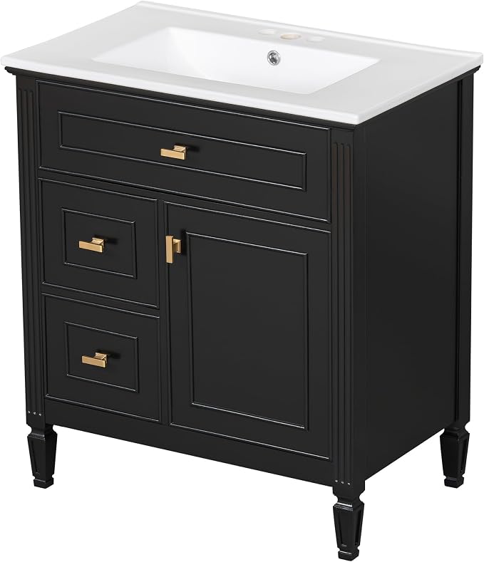 30" Bathroom Vanity with Ceramic Sink, 1 Flip Drawer & 2 Side Drawers, Modern Freestanding Storage Cabinet w/Adjustable Shelf & Golden Metal Handles, Solid Wood Frame, Black