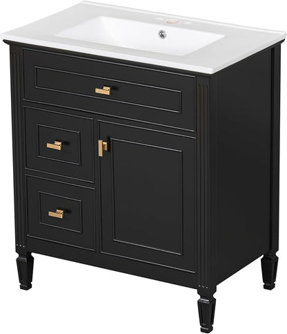 30" Bathroom Vanity with Ceramic Sink, 1 Flip Drawer & 2 Side Drawers, Modern Freestanding Storage Cabinet w/Adjustable Shelf & Golden Metal Handles, Solid Wood Frame, Black