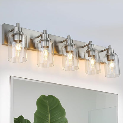 LOUSACE 5 Light Bathroom Vanity Light Brushed Nickel, Bathroom Lighting Fixtures with Clear Glass Shades Over Vanity Mirror, Modern Wall Sconces Fixtures for Bedroom Living Room, E26 Socket