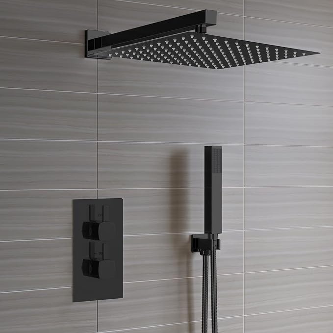 Voolan All Metal Shower Head with Extension Arm, Stainless Steel Waterfall Rainfall Showerheads, High Flow Bathroom Square Rain Shower Head (12’’ Shower Head with 16’’ Shower Arm, Black)