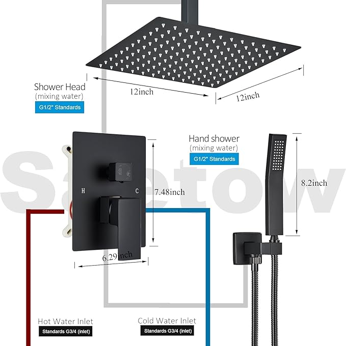 Ceiling Mount Matte Black Shower System 12 Inch Rain High Pressure Shower Head with Handheld Spray, Bathroom Shower Combo Set Rough in Valve Body and Trim Included