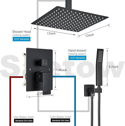 Ceiling Mount Matte Black Shower System 12 Inch Rain High Pressure Shower Head with Handheld Spray, Bathroom Shower Combo Set Rough in Valve Body and Trim Included