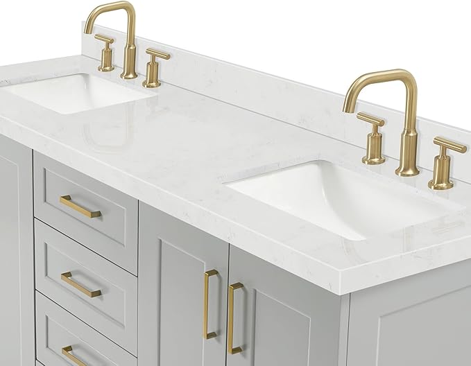 DKB Emilia 66" Grey Double Bathroom Vanity, 1.5" Edge Carrara Quartz Countertop, Double Rectangular Sinks, 4 Soft Closing Doors, 6 Full Extension Dovetail Drawers, Satin Brass