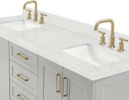 ARIEL Taylor 66-inch Bathroom Vanity with Sink,Solid Wood, 1.5-inch Carrara White Quartz Countertop & Backsplash, Double Rectangular Porcelain Sink, 4 Soft Closing Doors, 5 Dovetail Drawers, Grey