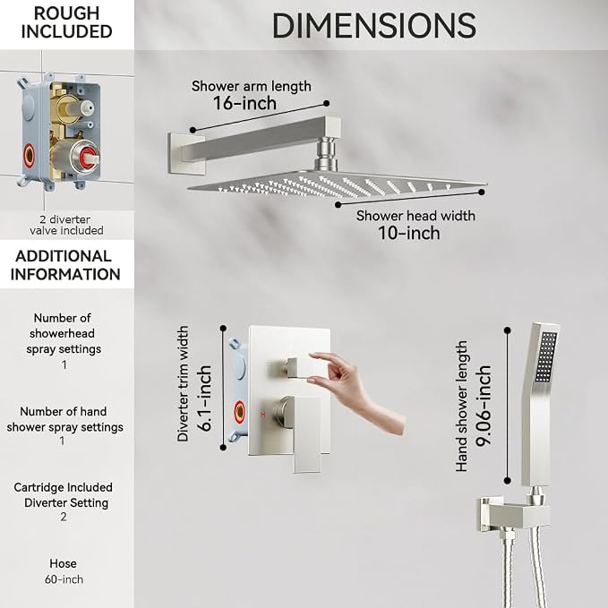 Shower System Shower Faucet Set, STARBATH 10" Wall Mount Rain Shower Head and Handheld Spray for Two Person, Rainfall Shower System with Diverter Valve and Trim Kit Complete,Brushed Nickel
