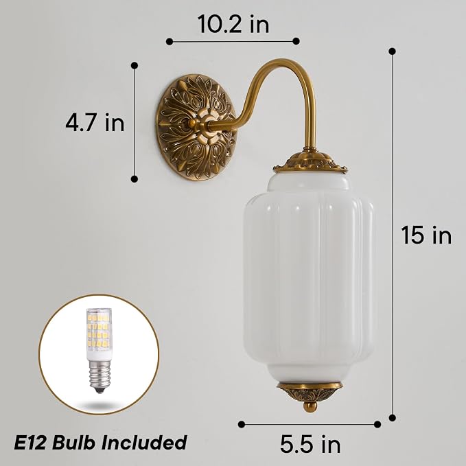 Vintage Milk Glass Wall Sconce Set of Two, H15" Hardwired White Bathroom Sconce with Gold Carved Metal, Antique Retro Wall Lamp for Bedroom, Living Room, Hallway, E12 Bulb, Warm Light (White 2Pack)