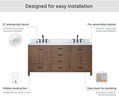 ARIEL Cambridge 72-inch Bathroom Vanity with Sink,Solid Wood, 1.5-inch Italian Carrara Marble Countertop, Double Oval Porcelain Sink, 4 Soft Closing Doors, 6 Dovetail Drawers, Brown Oak