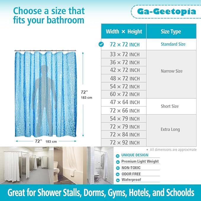 Ga-Geetopia EVA 3D Blue Pearl Water Cube Plastic Shower Curtain Liner - Premium Light Weight 72" x 72" Blue Bathroom Shower Showroom Curtain Liner with Rustproof Metal Gromments and Weighted Magnet