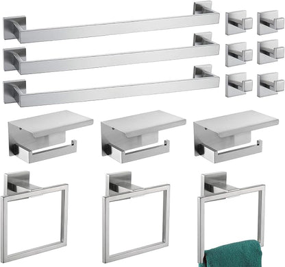Bathroom Hardware Set 15 Piece Brush Nickel Bathroom Accessories Set SUS304 Towel Bar Set Includes 3 Towel Bar 24 Inch+3 Towel Holder+3 Toilet Paper Holder+6 Towel Hooks (15, Brushed Nickel)