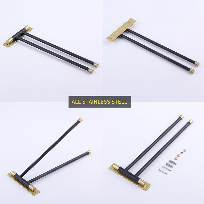 GERZWY Bathroom Swing Arm Towel Bars 2-Arm Wall Mount Stainless Steel Bath Towel Rack Hanger Towel Holder Organizer (Black & Gold) HYG02-BD