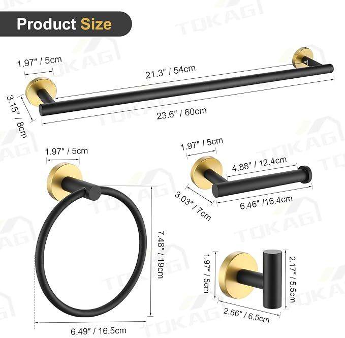 TQKAG Black and Gold Bathroom Accessory Set 5 Pieces, Round Stainless Steel Bath Towel Bar Set 23.6 Inch Towel Racks for Bathroom Wall Mounted