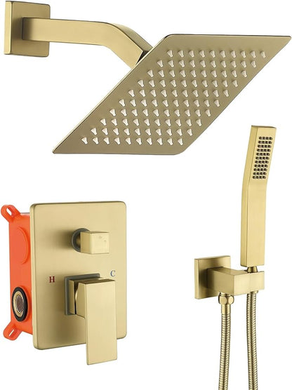 JOYWELL Shower Faucet Brushed Gold Shower System 8 Inches Rain Shower and Handheld Shower Combo,2-Function Pressure Balance Shower Fixtures,Included Shower Trim Kit