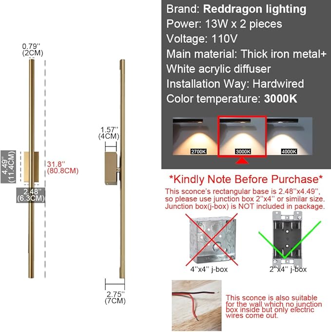 Only Suitable for Small Junction Box Set of 2 Hardwired 32 Inch Long Gold Wall Sconce Indoor Waterproof Linear Mirror Vanity Wall Light for Bathroom Bedroom Living Room (2 Pack, 32'', Gold, Dimmable)