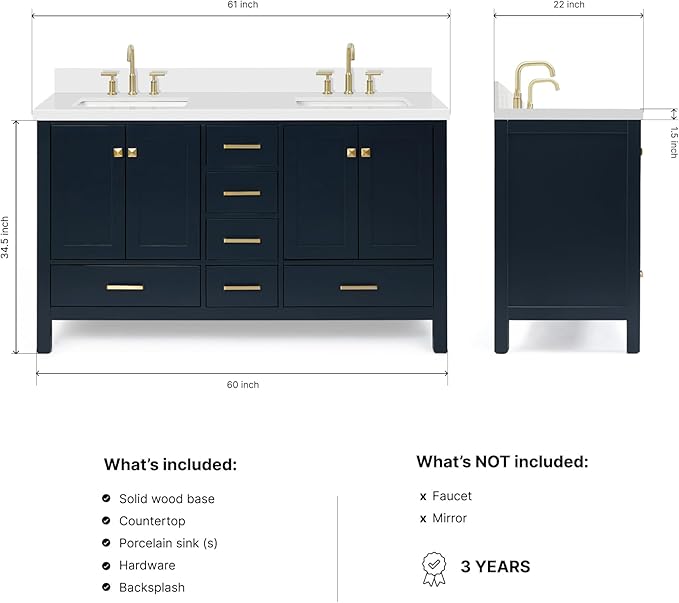 DKB Beckford 60-Inch Midnight Blue Double Bathroom Vanity, 1.5-Inch Edge Pure White Quartz Countertop & Splash, Rectangular Sinks, 4 Soft Closing Doors, 6 Full-Extension Dovetail Drawers, Satin Brass
