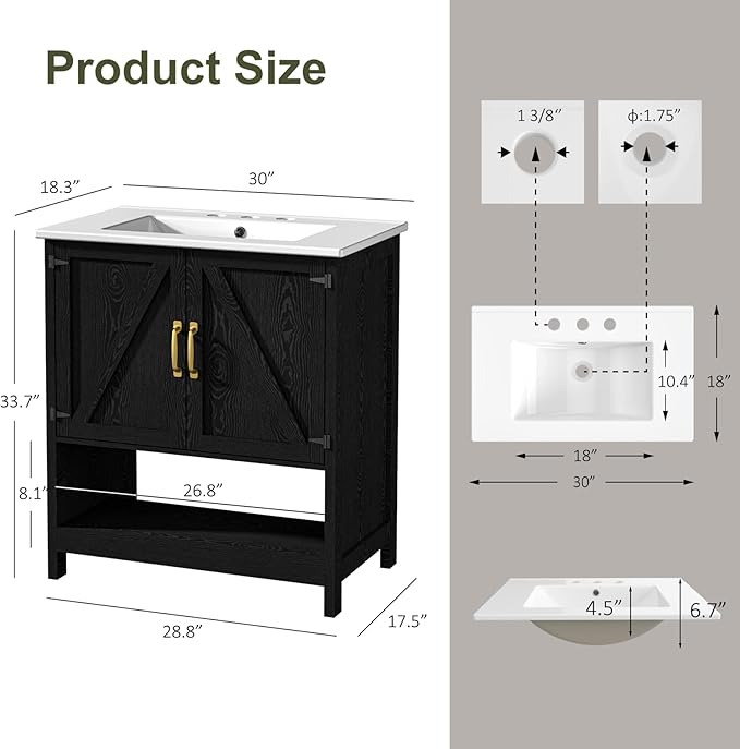 30" Bathroom Vanity with Sink, Modern Bathroom Cabinet with LED Light, Bathroom Vanity Set, Double Soft Closing Cabinet Door with Organizer, Black