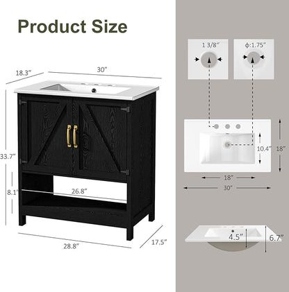 30" Bathroom Vanity with Sink, Modern Bathroom Cabinet with LED Light, Bathroom Vanity Set, Double Soft Closing Cabinet Door with Organizer, Black