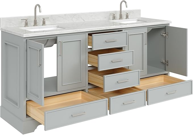 ARIEL Stafford 72-inch Bathroom Vanity with Sink,Solid Wood, 0.75-inch Italian Carrara Marble Countertop, Double Rectangular Porcelain Sink, 4 Soft Closing Doors, 6 Dovetail Drawers, Grey