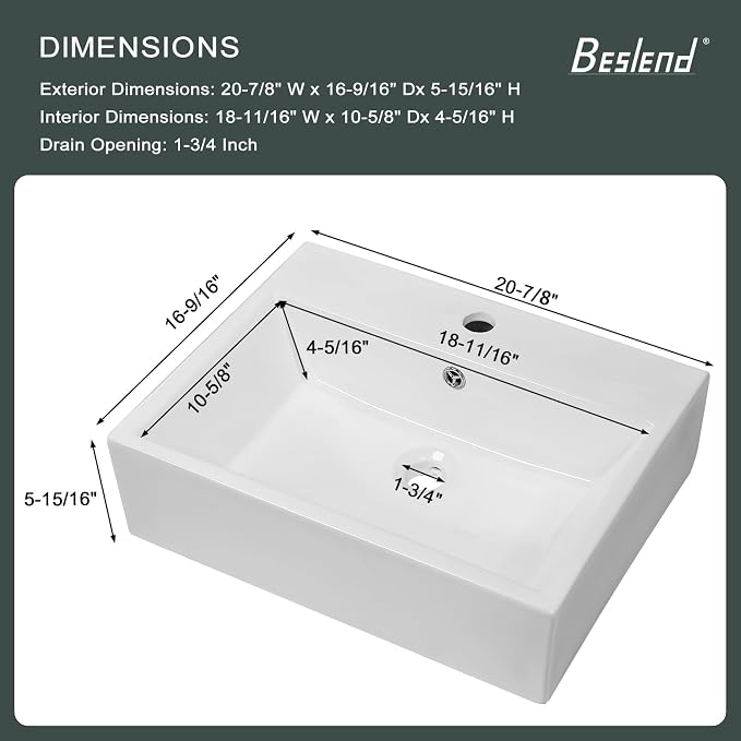 Wall Mounted Bathroom Vessel Sink | Beslend 20''x18'' Rectangle White Porcelain Ceramic Vessel Sink Floating Art Basin with Faucet Hole and Overflow