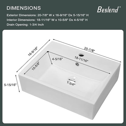 Wall Mounted Bathroom Vessel Sink | Beslend 20''x18'' Rectangle White Porcelain Ceramic Vessel Sink Floating Art Basin with Faucet Hole and Overflow