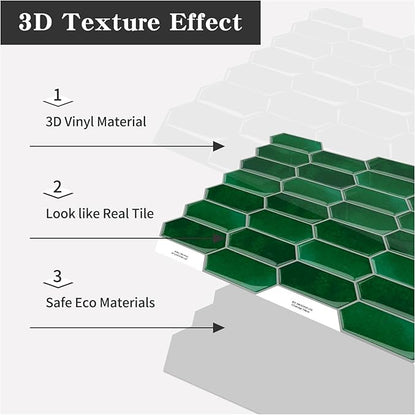 10-Sheet Long Hexagon Peel and Stick Kitchen Backsplash Tiles | 3D Waterproof Self-Adhesive Wall Tile Stick on Backsplash for Kitchen, Bathroom, Fireplace,RV(Emerald Green,12"×12")