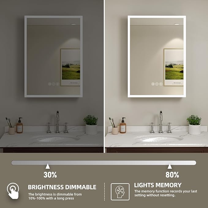 Buruis 24 x 30 Inch Medicine Cabinet with LED Lights and Mirror, Recessed/Wall Mounted Bathroom Cabinet, 3-Color Light, Defogger, Memory Function, Outlet & USB, Dimmer, Black
