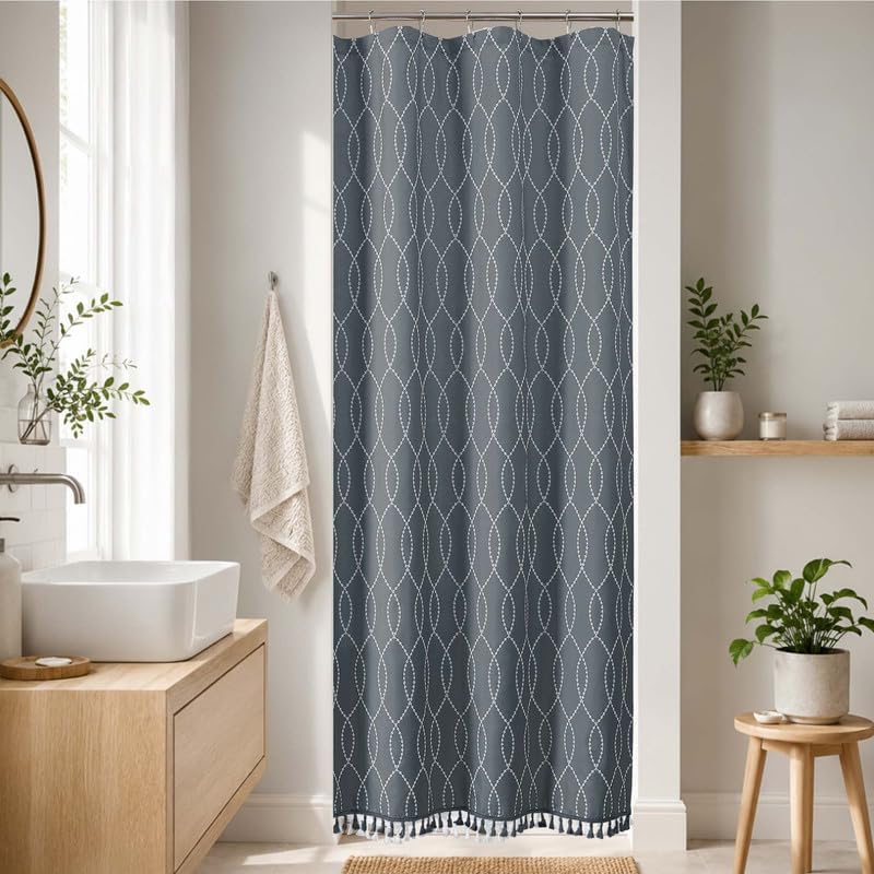 OVZME Dark Grey Stall Shower Curtain for Bathroom, Puff Printed Textured Shower Curtain with Tassels, Geometry Heavy Duty Vintage Country Narrow Bathroom Curtain, Water Resistant Fabric, 36Wx72L
