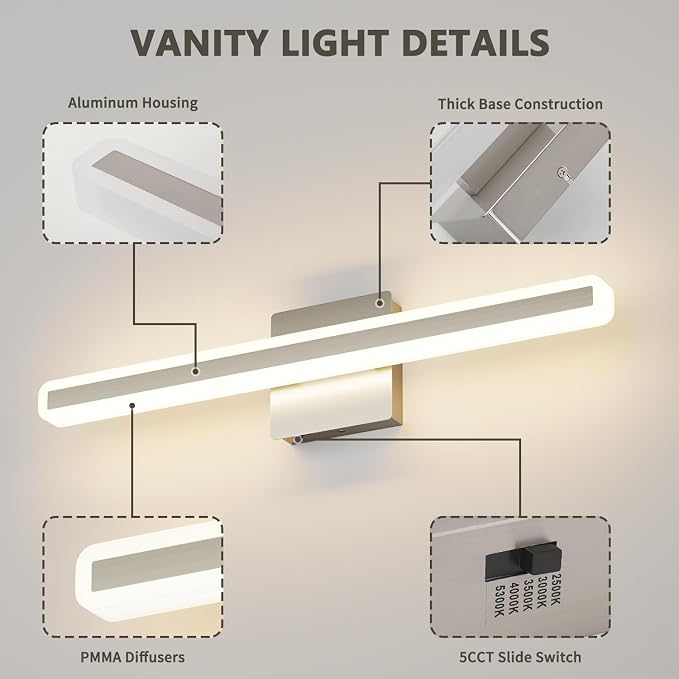 JUSHENG Brushed Nickel Vanity Lights for Bathroom, 5CCT Dimmable Vanity Light Bar, Modern LED Bathroom Lighting Fixtures Above Mirror 24'' Inch 20W