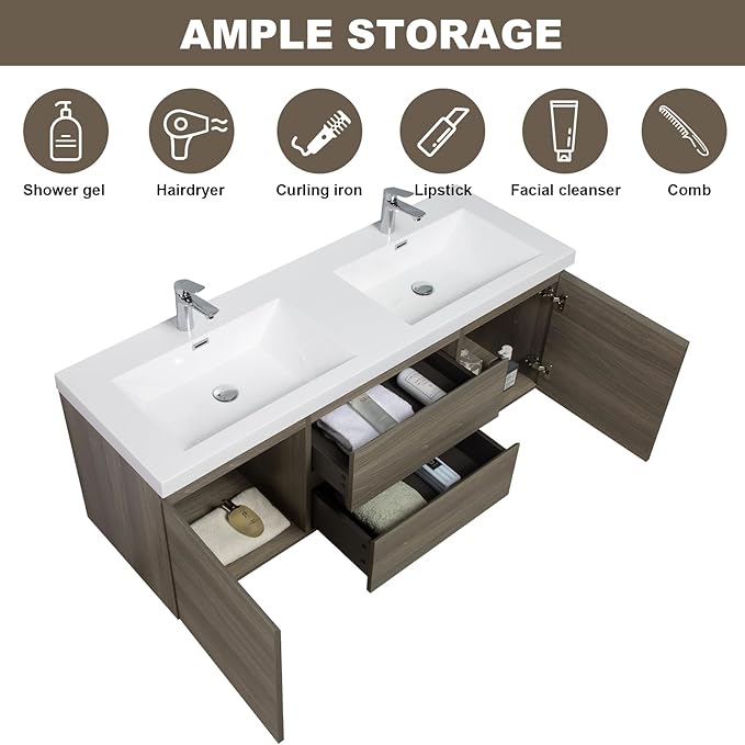 Floating Vanity Bathroom, 60 Inch Bathroom Vanity with Sink, Wall Mounted Double Sink Bathroom Vanity, Soft Closed 2 Drawers, Integrated Sink (Ash Grey)
