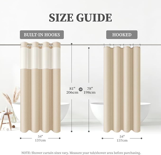 54x81 Ringless Linen Textured Shower Curtain with Snap in Liner, Cream | Narrow Long Size, 3 in 1 Shower Curtain, Removable Liner, Waterproof & Washable, Mesh Top Window, Durable Fabric, Easy Setup
