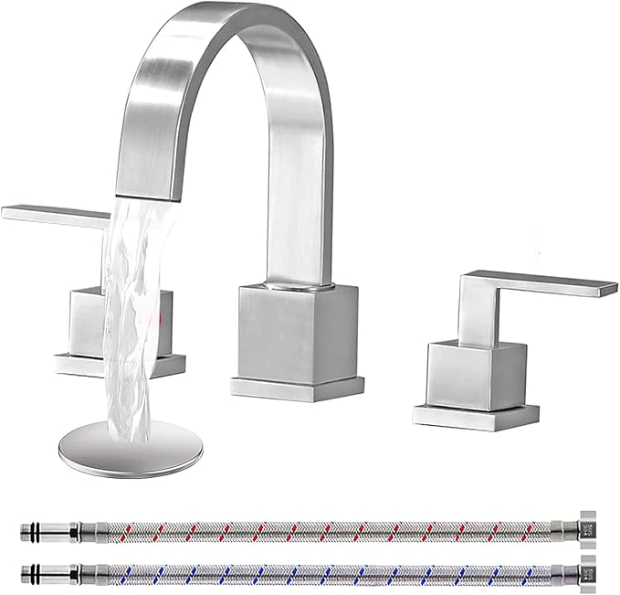 KINGO HOME 3 Hole Widespread Brushed Nickel Bathroom Faucet,Modern Waterfall 8 inch 2 Handle Bathroom Sink Faucet Vanity Bathroom Faucet for Sink 3 Hole with Pop Up Drain and Water Supply Lines