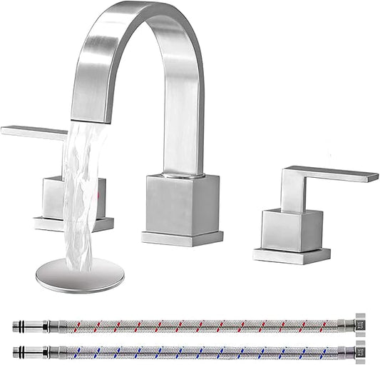 KINGO HOME 3 Hole Widespread Brushed Nickel Bathroom Faucet,Modern Waterfall 8 inch 2 Handle Bathroom Sink Faucet Vanity Bathroom Faucet for Sink 3 Hole with Pop Up Drain and Water Supply Lines
