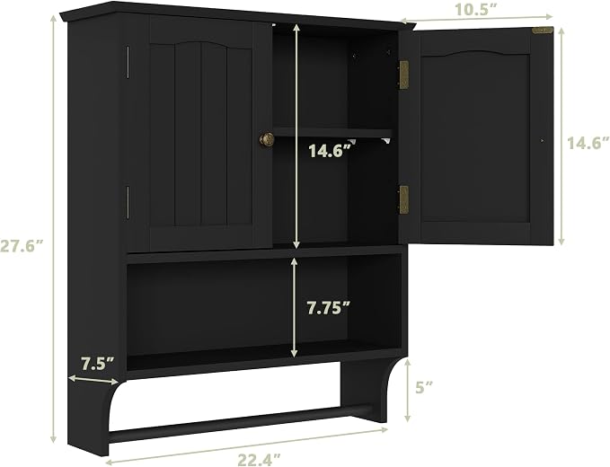 Smuxee Black Bathroom Cabinet Wall Mounted with Towels Bar, Medicine Cabinet with 2 Door Adjustable Shelves, Over Toilet Cabinet for Bathroom Laundry Room Kitchen