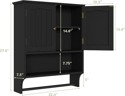 Smuxee Black Bathroom Cabinet Wall Mounted with Towels Bar, Medicine Cabinet with 2 Door Adjustable Shelves, Over Toilet Cabinet for Bathroom Laundry Room Kitchen