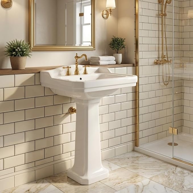 GarveeHome Porcelain Pedestal Sink Combo for Bathroom, White 26" Sink with Backsplash, 23" x 19" Basin Size, 35" Height with 3 Faucet Holes and Overflow