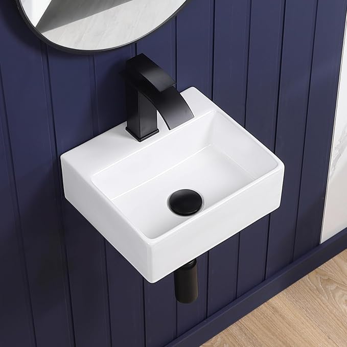 Small Wall Mount Bathroom Vessel Sink 13"x12" Rectangular Floating White Porcelain Ceramic Wall Hung Vanity Basin Sink for Tiny Home,RV,Bathroom