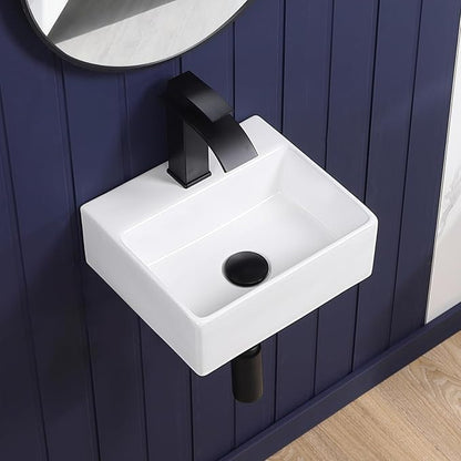 Small Wall Mount Bathroom Vessel Sink 13"x12" Rectangular Floating White Porcelain Ceramic Wall Hung Vanity Basin Sink for Tiny Home,RV,Bathroom