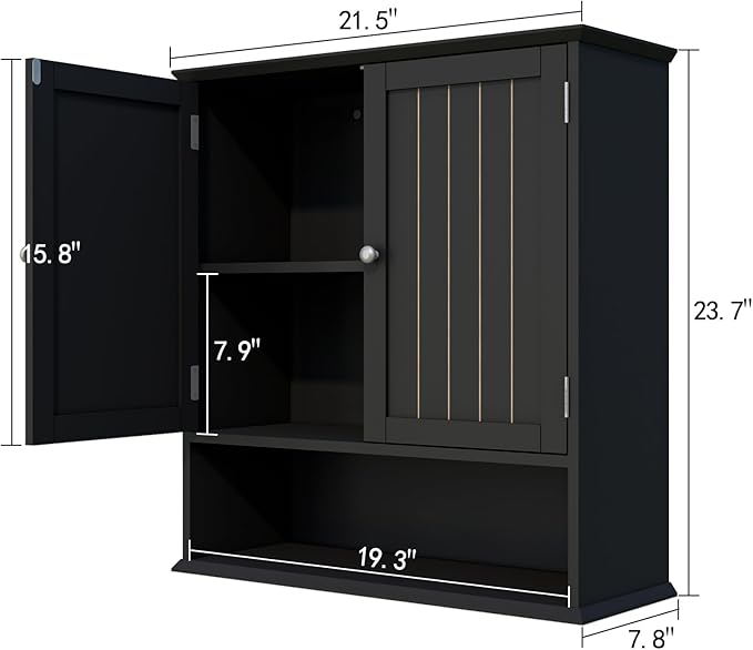 Wall Cabinet with 2 Doors & Open Shelf – Space Saving Medicine Cabinet, Wooden Wall Mounted Storage Cupboard for Bathroom Organization Black