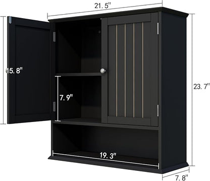 Wall Cabinet with 2 Doors & Open Shelf – Space Saving Medicine Cabinet, Wooden Wall Mounted Storage Cupboard for Bathroom Organization Black