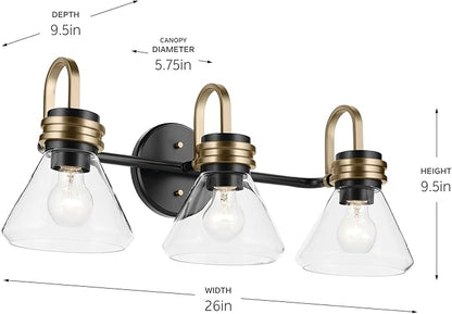 Kichler Farum 26" 3-Light Vanity Light with Clear Glass in Black, for Single or Double Vanity, Over a Mirror, Powder Room, Bathroom (26" W x 9.5" H) 55155BKCLR