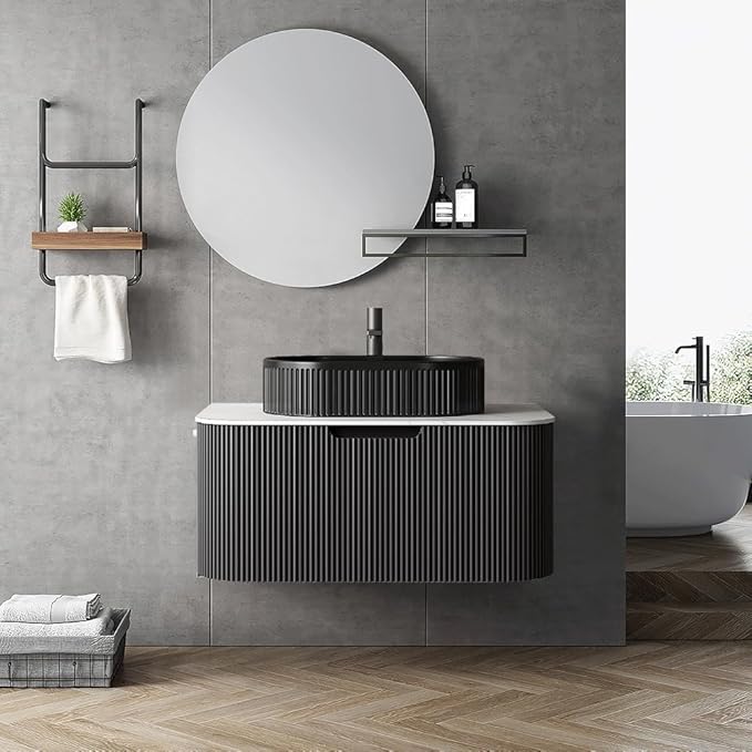 LKTART 30 Inch Floating Bathroom Vanity with Sink, Modern Wall Mounted Bathroom Storage Cabinet with Drawer, Fluted Black Curved Edges Ceramic Sink Top and Marble Texture Top, Black