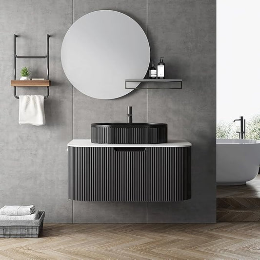 LKTART 30 Inch Floating Bathroom Vanity with Sink, Modern Wall Mounted Bathroom Storage Cabinet with Drawer, Fluted Black Curved Edges Ceramic Sink Top and Marble Texture Top, Black