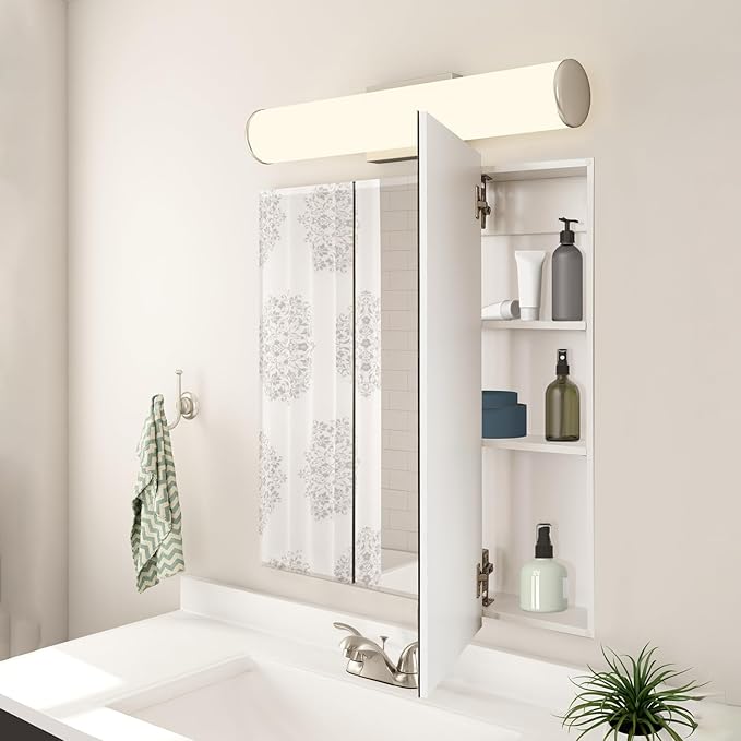 Design House Cyprus Bathroom Medicine Cabinet with Mirror, 25 Inch Recessed or Surface Mount Cabinet, 3 Frameless Mirrored Doors, 2 Shelves, White, Pre-Assembled, 597484 | Adjustable Shelves, Wall Mount, Contemporary/Modern, Wood, Bath, 597484