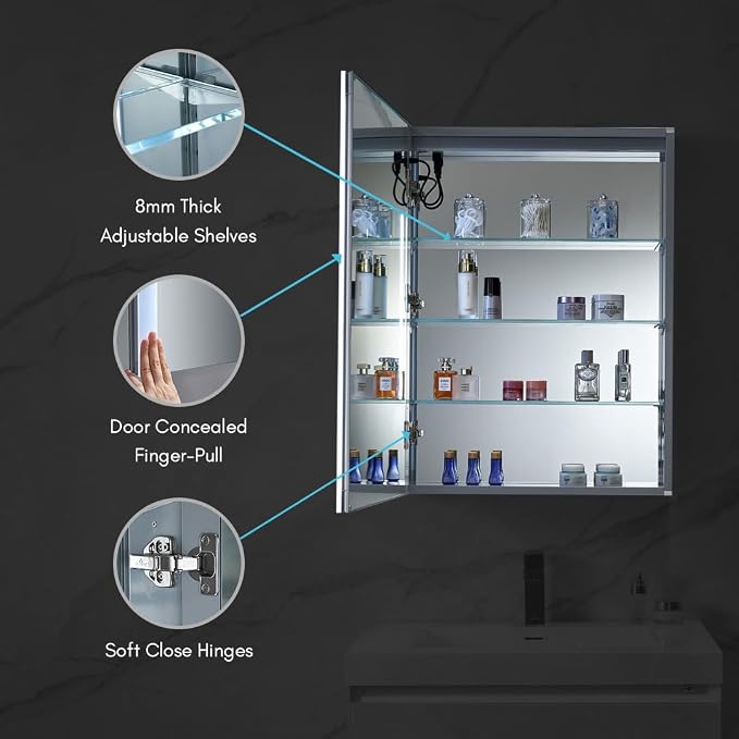 Blossom LED Lighted Mirror Medicine Cabinet, 24x32, Left Hinge, Wall Mounted Recessed or Surface Bathroom LED Medicine Cabinet with Mirror, Makeup Mirror with Lights, Defogger, Adjustable Brightness