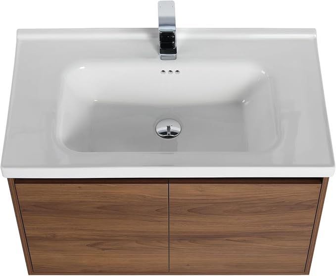 Blossom Modern 32 Inch Floating Bathroom Vanity | Walnut Wood Wall Mount Cabinet & Ceramic Sink | Water-Resistant Wood Core | Soft-Close Minimalist Storage for Master Bath