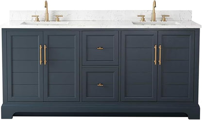 HOMEBEYOND 72 Inch Bathroom Vanity with Double Sink & Ceramic Top, Vanity Cabinet with Center Countertop Basin, Soft-Closing Doors, Backsplash, Vintage Spruce Blue