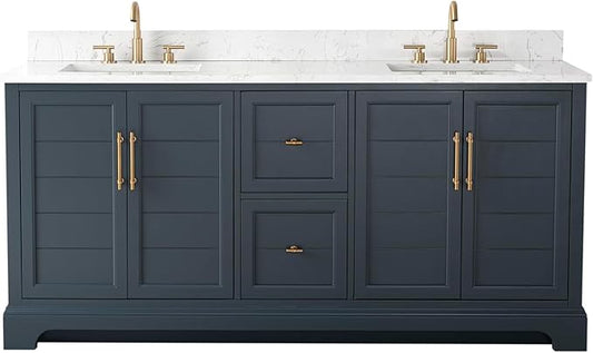 HOMEBEYOND 72 Inch Bathroom Vanity with Double Sink & Ceramic Top, Vanity Cabinet with Center Countertop Basin, Soft-Closing Doors, Backsplash, Vintage Spruce Blue
