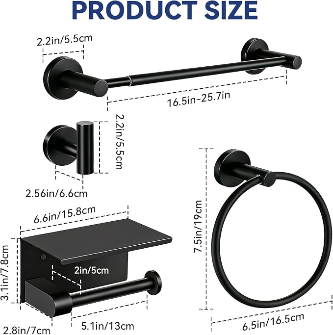 5Pcs Bathroom Hardware Set, Matte Black Bathroom Accessories Set with 24" Towel Bar, Upgraded Toilet Paper Holder with Shelf, Towel Ring & 2 Robe Hooks, Wall Mounted Stainless Steel Bath Hardware Set