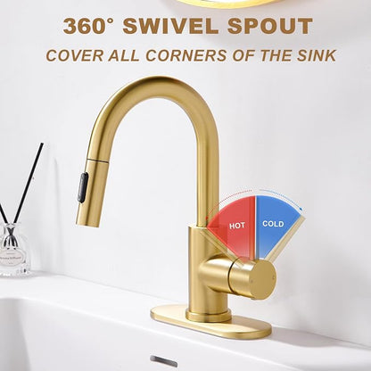 Gold Bathroom Sink Faucet with Pull Down Sprayer | 2 Mode Sprayer, with Deck Plate for 1 or 3 Hole, 360° Swivel, with Pop Up Drain for Vanity Bar RV Basin Laundry Kitchen