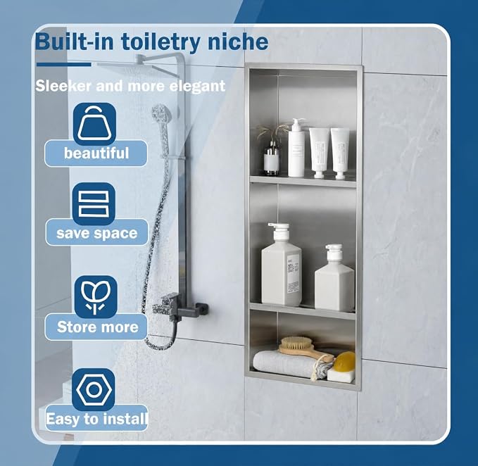 30 x 12 Inch Shower Niche, Brushed Stainless Steel Recessed Wall Niche, No Tile Needed Built-in Shower Shelf, 3-Tier Bathroom Storage Organizer, Waterproof Rustproof